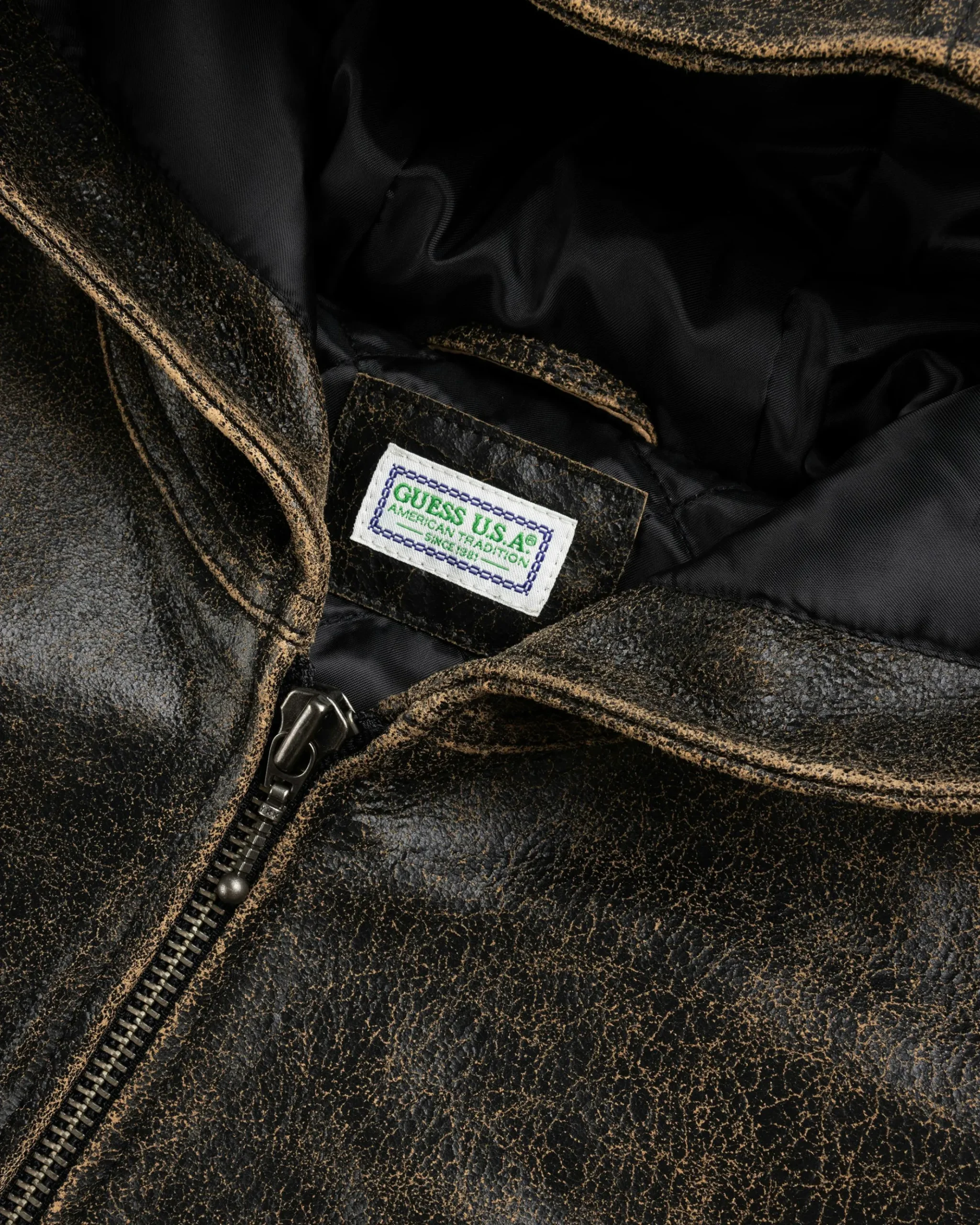 Fashion Guess USA Crackle Leather Zip Hoodie Amos Brown Multi amosbrownmulti