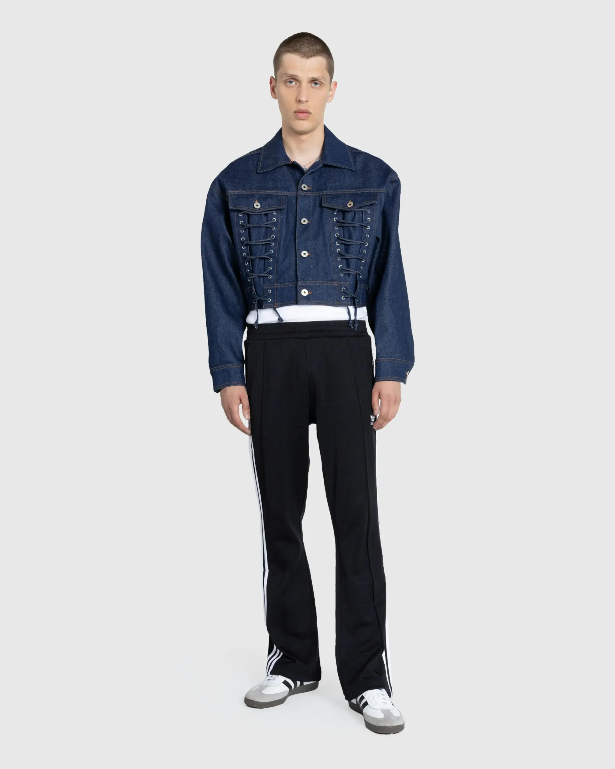 Shop Jean Paul Gaultier Denim Jacket With Lace Detail indigo