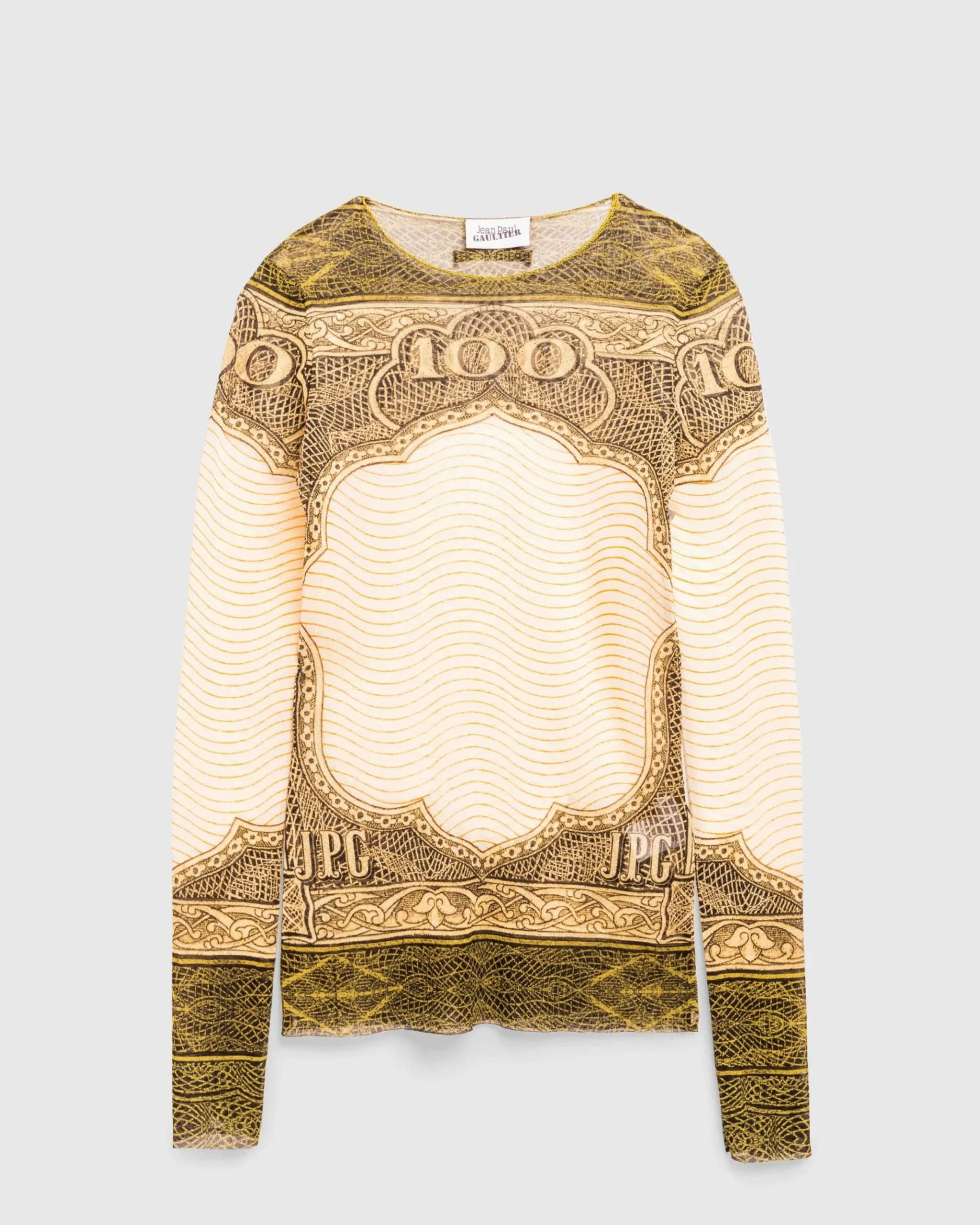 New Jean Paul Gaultier Long-Sleeve Mesh Top Printed Cartouche green/ecru/black/orange
