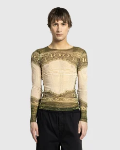 New Jean Paul Gaultier Long-Sleeve Mesh Top Printed Cartouche green/ecru/black/orange