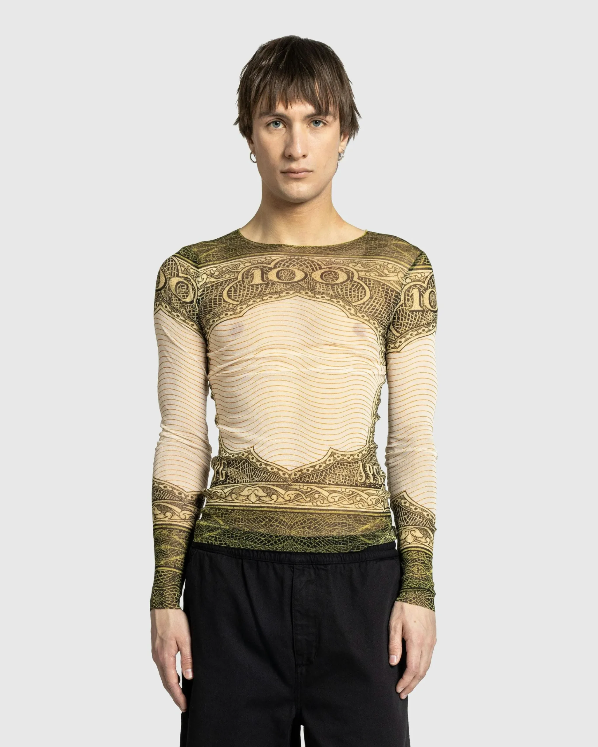 New Jean Paul Gaultier Long-Sleeve Mesh Top Printed Cartouche green/ecru/black/orange