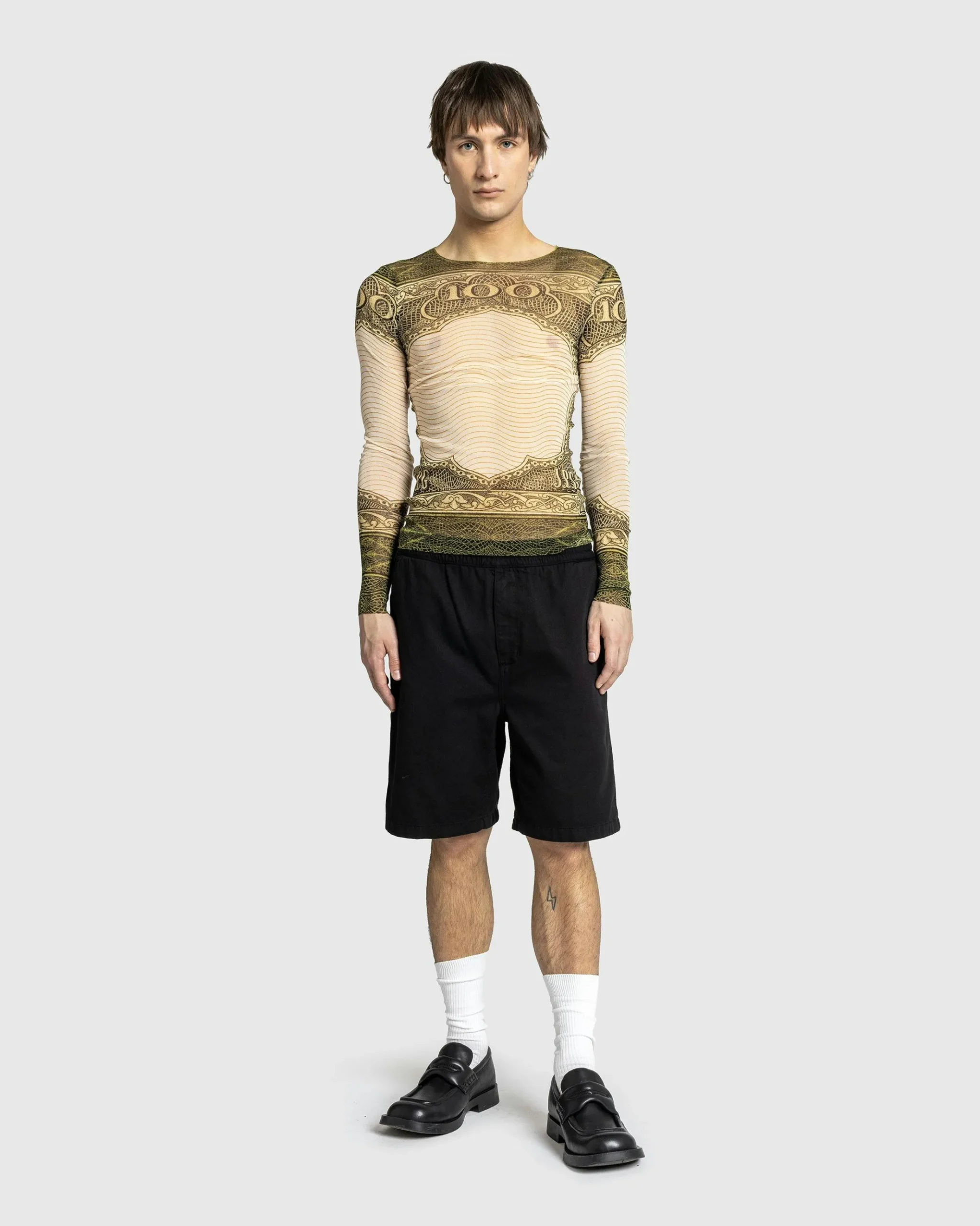 New Jean Paul Gaultier Long-Sleeve Mesh Top Printed Cartouche green/ecru/black/orange