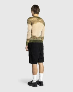 New Jean Paul Gaultier Long-Sleeve Mesh Top Printed Cartouche green/ecru/black/orange