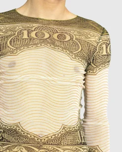 New Jean Paul Gaultier Long-Sleeve Mesh Top Printed Cartouche green/ecru/black/orange