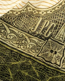 New Jean Paul Gaultier Long-Sleeve Mesh Top Printed Cartouche green/ecru/black/orange