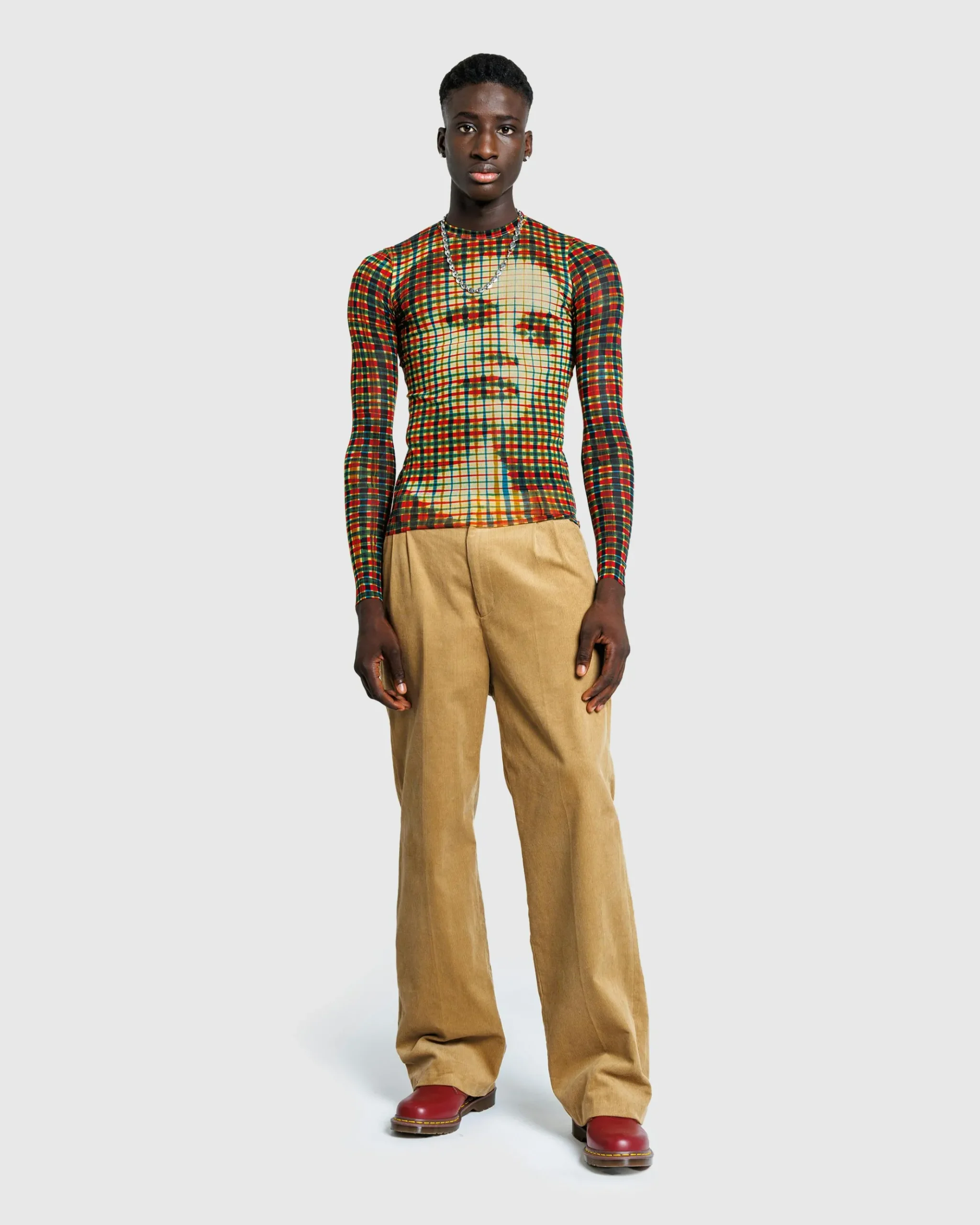 Outlet Jean Paul Gaultier Mesh Long-Sleeve Top Printed Tartan Face sepia/yellow/blue/red