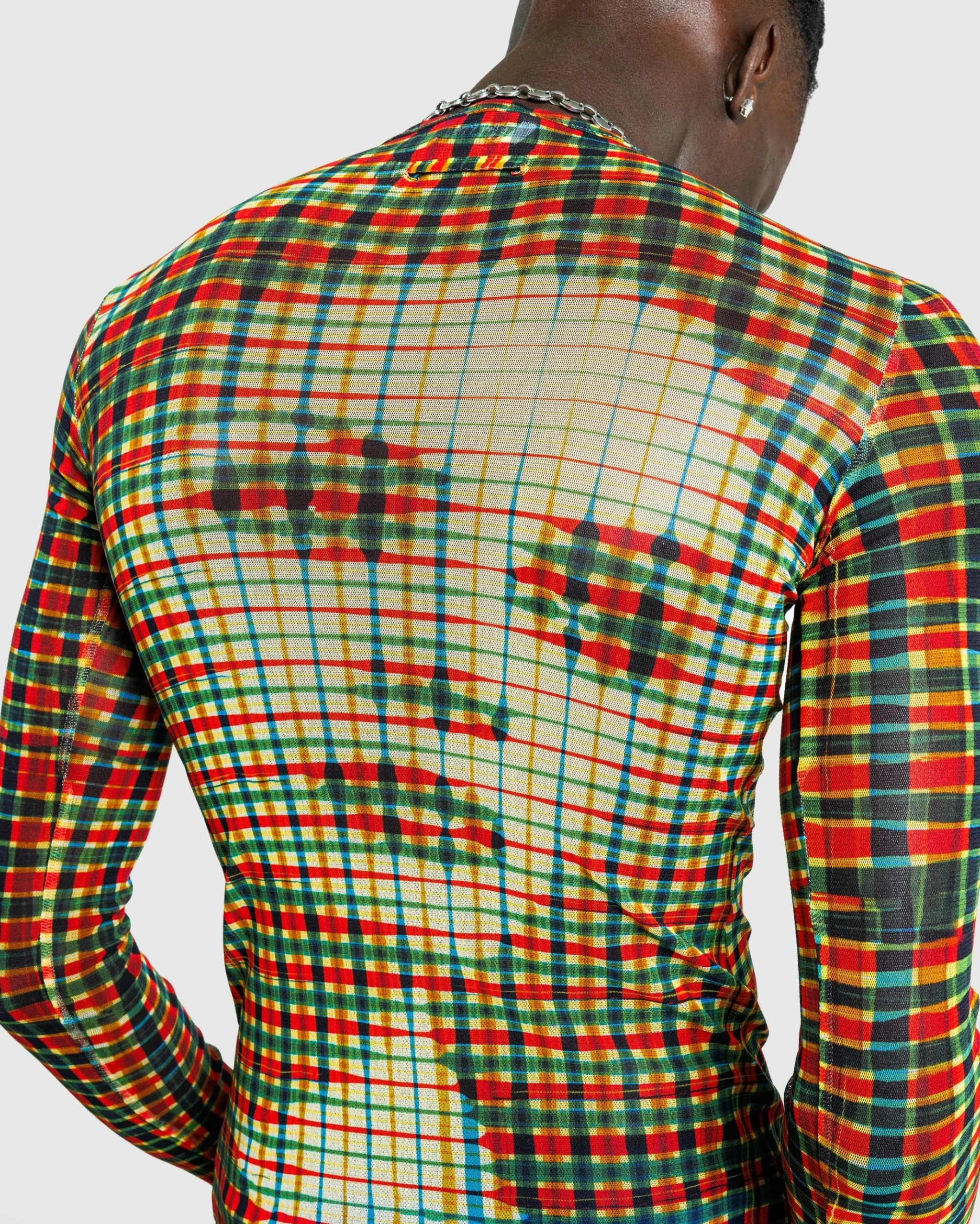 Outlet Jean Paul Gaultier Mesh Long-Sleeve Top Printed Tartan Face sepia/yellow/blue/red