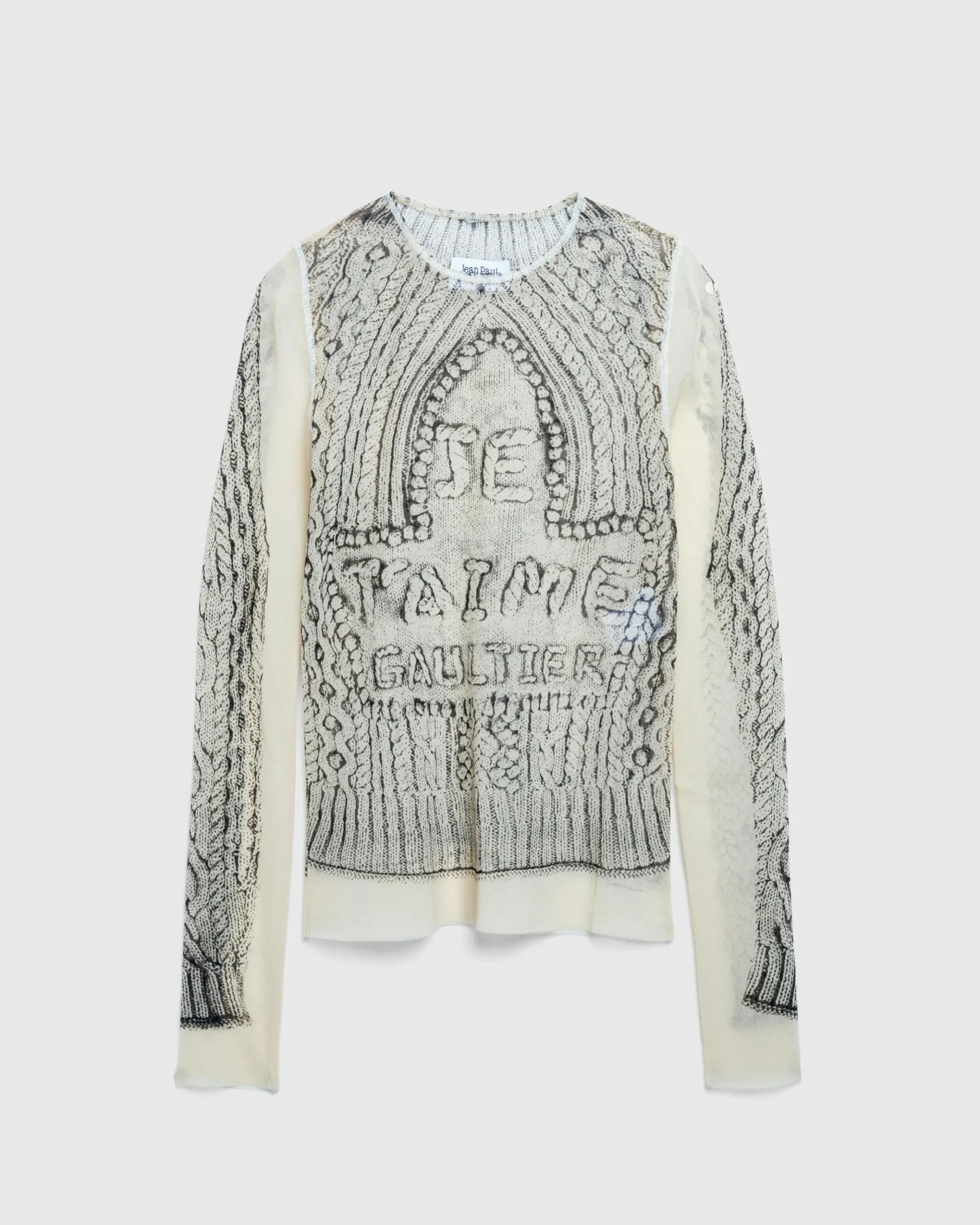 Shop Jean Paul Gaultier Mesh Long-Sleeve Top Printed Pull Je T'Aime Light Beige/Black lightbeige/black