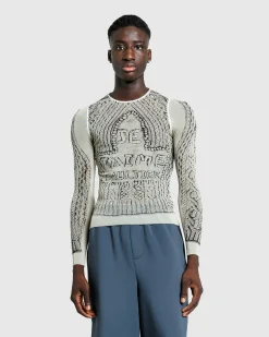 Shop Jean Paul Gaultier Mesh Long-Sleeve Top Printed Pull Je T'Aime Light Beige/Black lightbeige/black