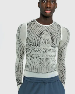 Shop Jean Paul Gaultier Mesh Long-Sleeve Top Printed Pull Je T'Aime Light Beige/Black lightbeige/black