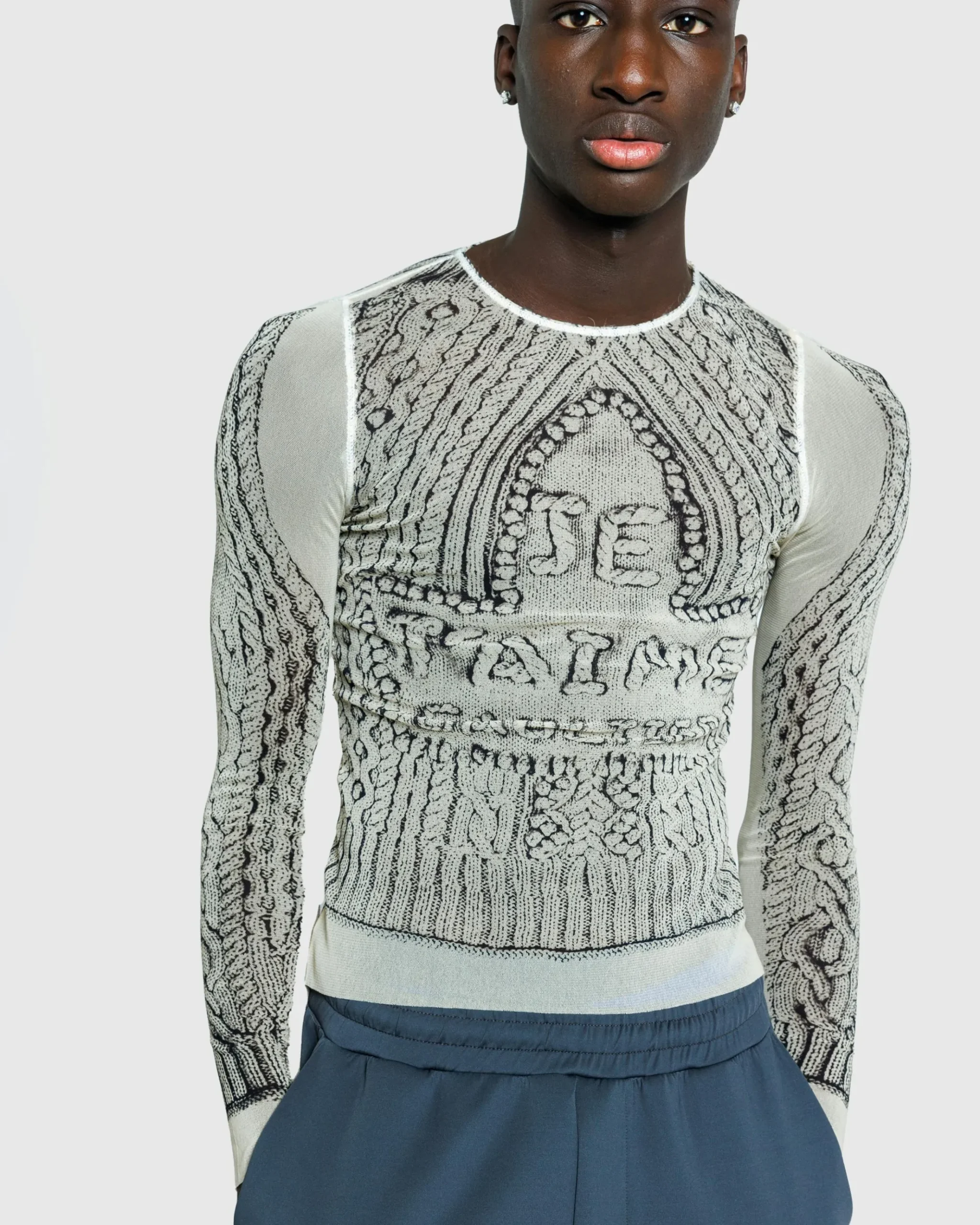 Shop Jean Paul Gaultier Mesh Long-Sleeve Top Printed Pull Je T'Aime Light Beige/Black lightbeige/black