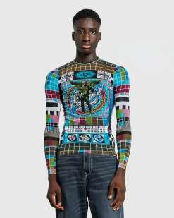 Cheap Jean Paul Gaultier Mesh Long-Sleeve Top Printed Mire Blue/Multi blue/multicolor