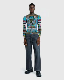 Cheap Jean Paul Gaultier Mesh Long-Sleeve Top Printed Mire Blue/Multi blue/multicolor
