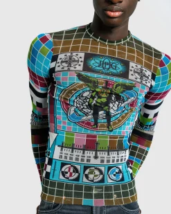 Cheap Jean Paul Gaultier Mesh Long-Sleeve Top Printed Mire Blue/Multi blue/multicolor
