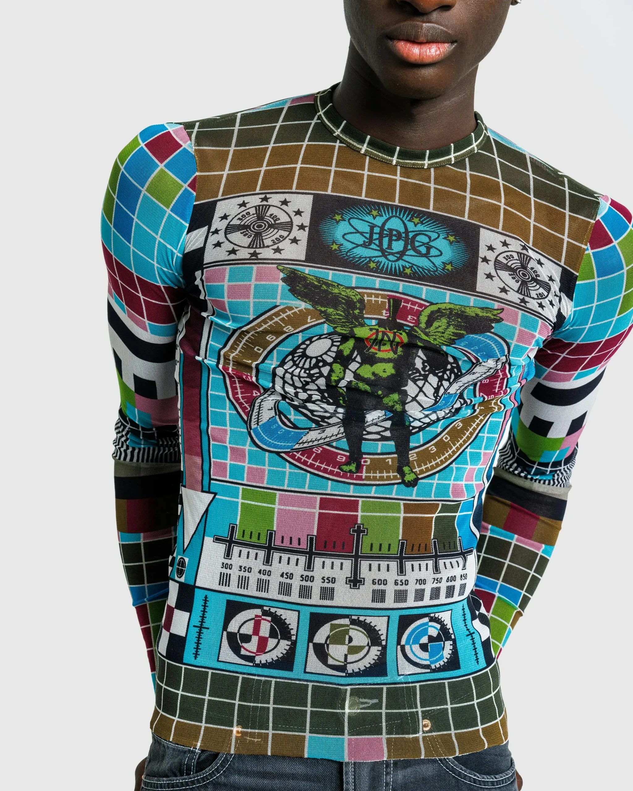 Cheap Jean Paul Gaultier Mesh Long-Sleeve Top Printed Mire Blue/Multi blue/multicolor