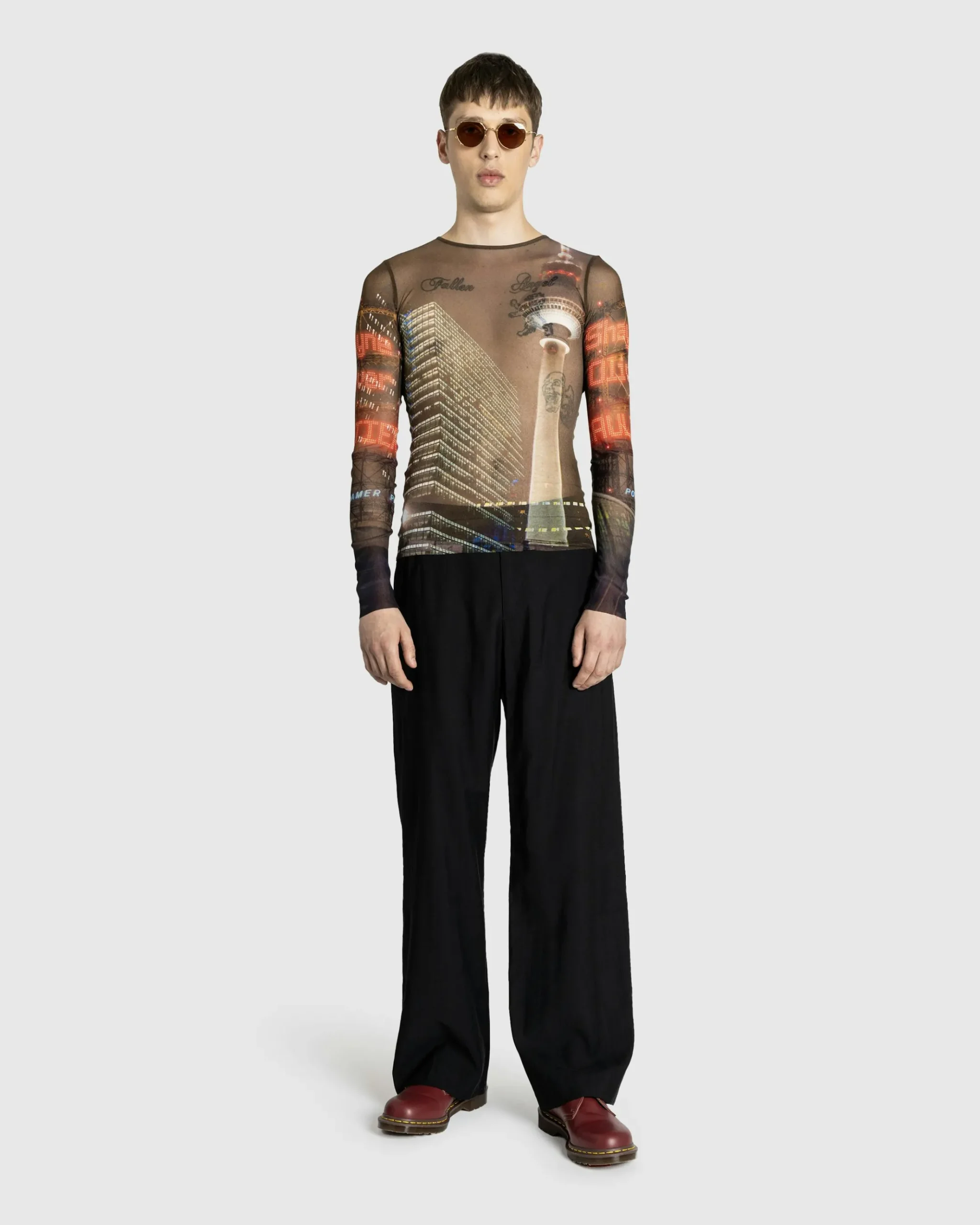 Cheap Jean Paul Gaultier Mesh Long-Sleeve Top Printed "City" brown/green/blue/red
