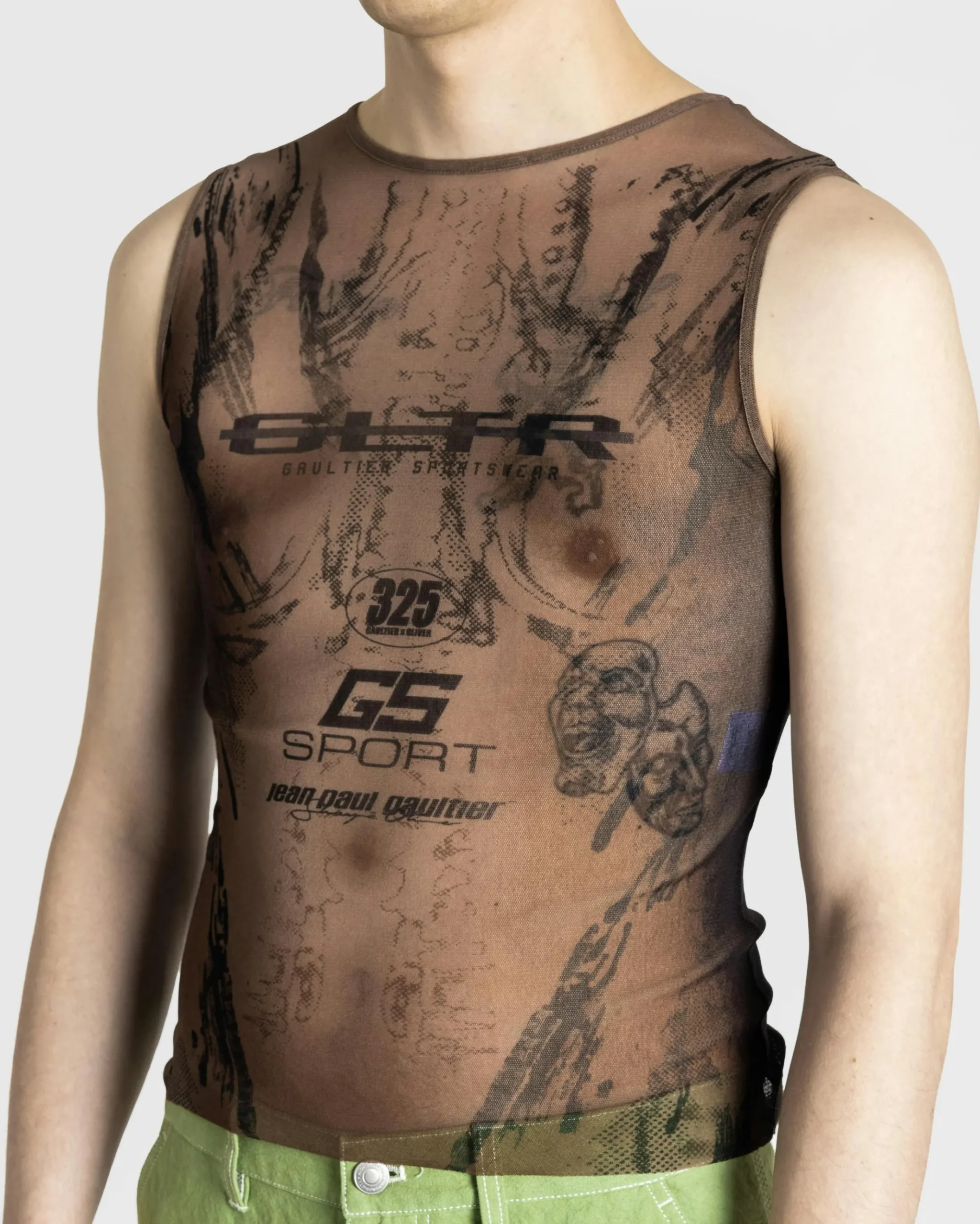 Outlet Jean Paul Gaultier Mesh Tank Top Printed "Body" Dark Nude/Black darknude/black