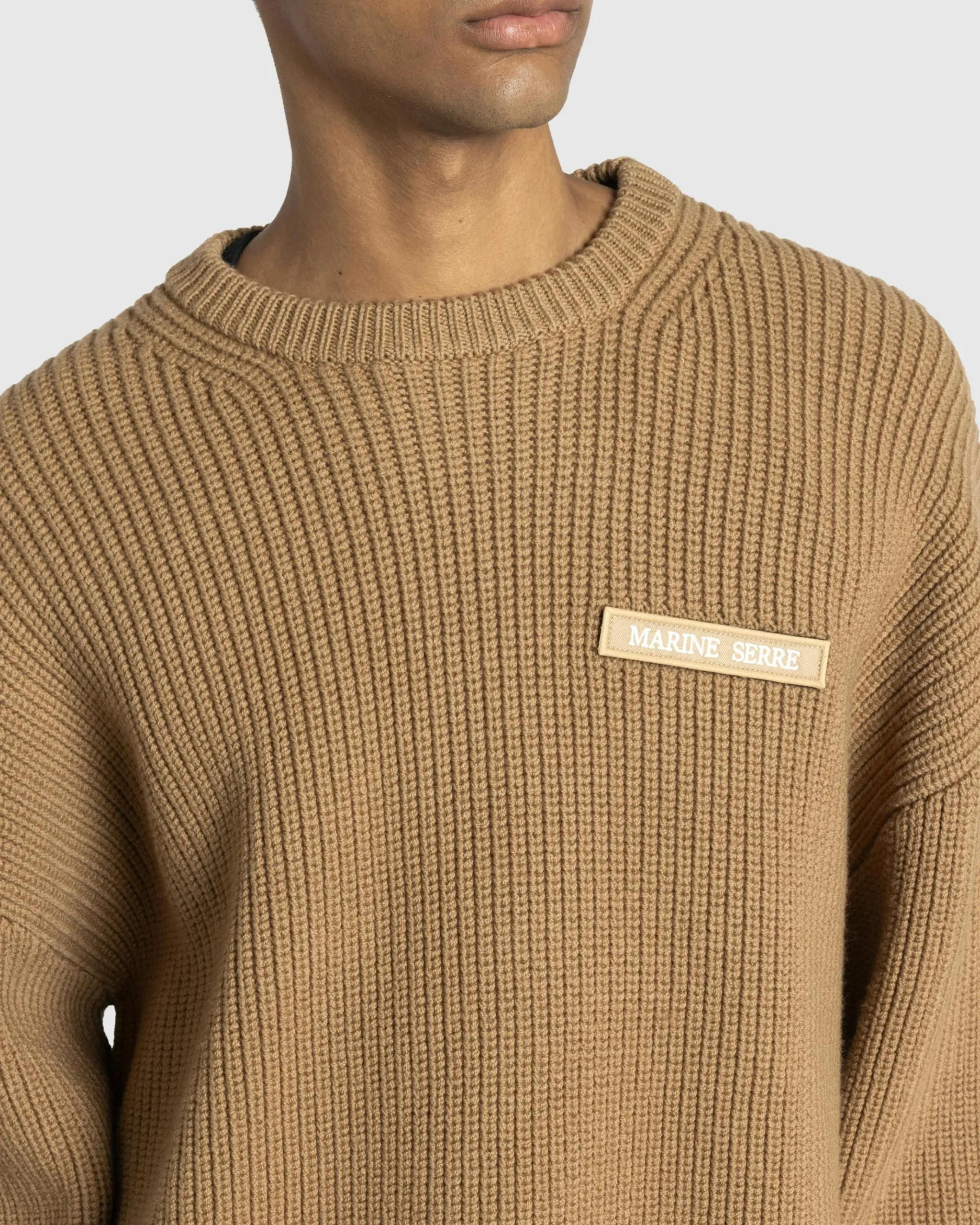 Shop Marine Serre MS Half Cardigan Knit Crewneck Sweater camel